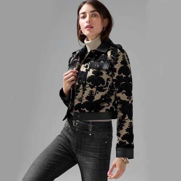 WHBM Coated Denim  Details Jacquard Cropped Jacket - Picture 1 of 7